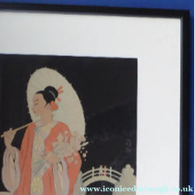 Load image into Gallery viewer, 1930s Art Deco Watercolour. Japanese Lady with Parasol in a Garden 
