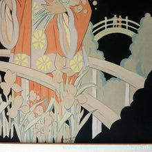 Load image into Gallery viewer, 1930s Art Deco Watercolour. Japanese Lady with Parasol in a Garden 
