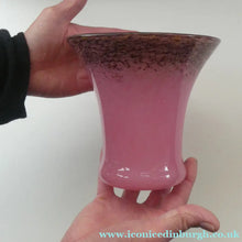 Load image into Gallery viewer, MONART Scottish Glass. Fine Vintage Art Glass Vase, 1930s. Shape GC. Mottled Pink with Black Rim Speckled with Gold Aventurine Flakes

