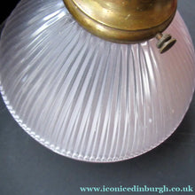 Load image into Gallery viewer, 1920s GENUINE Glass Holophane Hanging Lamp Shade - complete with all original brass fittings
