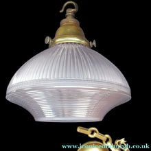 Load image into Gallery viewer, 1920s GENUINE Glass Holophane Hanging Lamp Shade - complete with all original brass fittings
