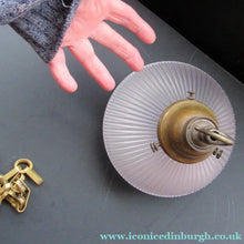 Load image into Gallery viewer, 1920s GENUINE Glass Holophane Hanging Lamp Shade - complete with all original brass fittings
