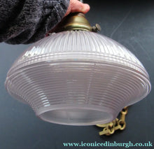 Load image into Gallery viewer, 1920s GENUINE Glass Holophane Hanging Lamp Shade - complete with all original brass fittings
