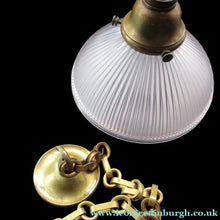 Load image into Gallery viewer, 1920s GENUINE Glass Holophane Hanging Lamp Shade - complete with all original brass fittings
