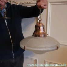 Load image into Gallery viewer, GENUINE Antique Glass HOLOPHANE Pendant Two Part Light Shade with Copper Fittings, Brass Ceiling Hook Fitment and Hanging Chain
