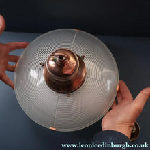 Load image into Gallery viewer, GENUINE Antique Glass HOLOPHANE Pendant Two Part Light Shade with Copper Fittings, Brass Ceiling Hook Fitment and Hanging Chain
