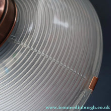 Load image into Gallery viewer, GENUINE Antique Glass HOLOPHANE Pendant Two Part Light Shade with Copper Fittings, Brass Ceiling Hook Fitment and Hanging Chain
