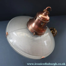 Load image into Gallery viewer, GENUINE Antique Glass HOLOPHANE Pendant Two Part Light Shade with Copper Fittings, Brass Ceiling Hook Fitment and Hanging Chain
