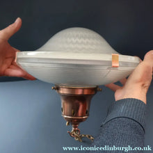 Load image into Gallery viewer, GENUINE Antique Glass HOLOPHANE Pendant Two Part Light Shade with Copper Fittings, Brass Ceiling Hook Fitment and Hanging Chain
