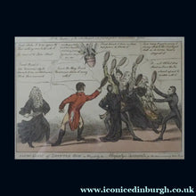 Load image into Gallery viewer, GEORGIAN PRINT. Satirical Print 1810. A New Game of Shuttle Cock ... for John Bull. Hand Coloured Etching. FRAMED
