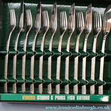 Load image into Gallery viewer, GERALD BENNEY for Viners, Sheffield. STUDIO Pattern. Set of Longer Length Fish Knives and Forks. Iconic 1960s Stainless Steel Cutlery
