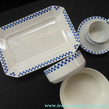 Load image into Gallery viewer, GERMAN ART DECO Waechtersbach Small Group of Cup &amp; Saucer, Oblong Plate and Two Bowls:  with Simple Blue and White Checked Rim
