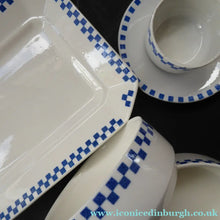 Load image into Gallery viewer, GERMAN ART DECO Waechtersbach Small Group of Cup &amp; Saucer, Oblong Plate and Two Bowls:  with Simple Blue and White Checked Rim
