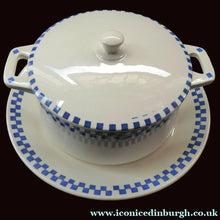 Load image into Gallery viewer, GERMAN ART DECO Waechtersbach Small Lidded Dish and Plate Stand: with Simple Blue and White Checked Rim
