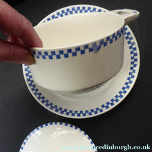 Load image into Gallery viewer, GERMAN ART DECO Waechtersbach Small Lidded Dish and Plate Stand: with Simple Blue and White Checked Rim
