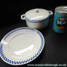 Load image into Gallery viewer, GERMAN ART DECO Waechtersbach Small Lidded Dish and Plate Stand: with Simple Blue and White Checked Rim
