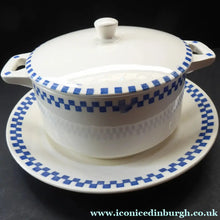 Load image into Gallery viewer, GERMAN ART DECO Waechtersbach Small Lidded Dish and Plate Stand: with Simple Blue and White Checked Rim
