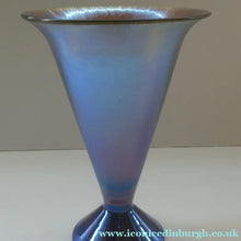 Load image into Gallery viewer, German WMF "Myra Kristal" Glass Trumpet Shape Vase with Stunning Blue and Gold Iridescent Lustres
