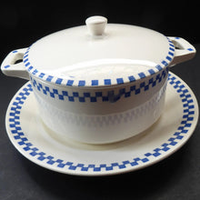 Load image into Gallery viewer, GERMAN ART DECO Waechtersbach Small Lidded Dish and Plate Stand: with Simple Blue and White Checked Rim
