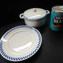 Load image into Gallery viewer, GERMAN ART DECO Waechtersbach Small Lidded Dish and Plate Stand: with Simple Blue and White Checked Rim

