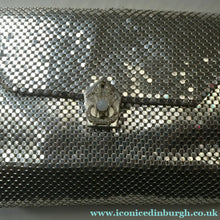 Load image into Gallery viewer, Glittery Vintage SILVER Glomesh Disco Evening Clutch Bag or Purse. Fancy Diamante Clasp Detail
