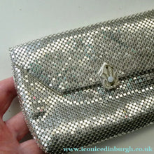 Load image into Gallery viewer, Glittery Vintage SILVER Glomesh Disco Evening Clutch Bag or Purse. Fancy Diamante Clasp Detail
