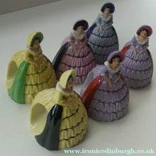 Load image into Gallery viewer, Group of SIX Carlton Ware Crinoline Lady Ceramic Napkin Rings, c 1935
