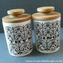Load image into Gallery viewer, Group of SIX Vintage 1960s HORNSEA POTTERY Larger Size SPICE JARS Stylish C-Scroll Pattern
