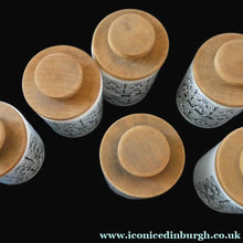 Load image into Gallery viewer, Group of SIX Vintage 1960s HORNSEA POTTERY Larger Size SPICE JARS Stylish C-Scroll Pattern

