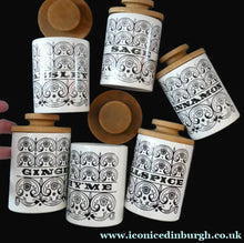 Load image into Gallery viewer, Group of SIX Vintage 1960s HORNSEA POTTERY Larger Size SPICE JARS Stylish C-Scroll Pattern
