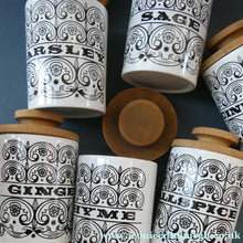 Load image into Gallery viewer, Group of SIX Vintage 1960s HORNSEA POTTERY Larger Size SPICE JARS Stylish C-Scroll Pattern
