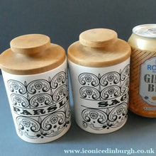 Load image into Gallery viewer, Group of SIX Vintage 1960s HORNSEA POTTERY Larger Size SPICE JARS Stylish C-Scroll Pattern
