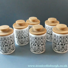 Load image into Gallery viewer, Group of SIX Vintage 1960s HORNSEA POTTERY Larger Size SPICE JARS Stylish C-Scroll Pattern
