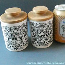 Load image into Gallery viewer, Group of SIX Vintage 1960s HORNSEA POTTERY Larger Size SPICE JARS Stylish C-Scroll Pattern
