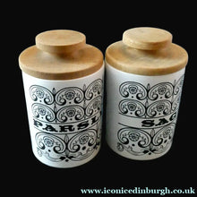 Load image into Gallery viewer, Group of SIX Vintage 1960s HORNSEA POTTERY Larger Size SPICE JARS Stylish C-Scroll Pattern
