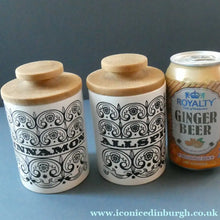 Load image into Gallery viewer, Group of SIX Vintage 1960s HORNSEA POTTERY Larger Size SPICE JARS Stylish C-Scroll Pattern - British Ceramics
