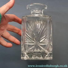 Load image into Gallery viewer, Heavy Square Cut EDINBURGH CRYSTAL Decanter with Faceted Heavy Globe Stopper. STAR OF EDINBURGH. 10 inches
