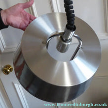 Load image into Gallery viewer, HERCULES Lamp. 1970s BRUSHED ALUMINIUM Hanging Light Shade with Rise and Fall Mechanism

