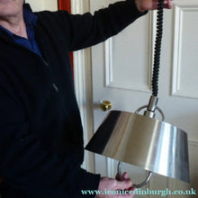 Load image into Gallery viewer, HERCULES Lamp. 1970s BRUSHED ALUMINIUM Hanging Light Shade with Rise and Fall Mechanism
