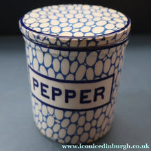 Load image into Gallery viewer, Highly Collectable 1930s Mailing Pottery Blue COBBLESTONE Lidded Spice Jar: PEPPER
