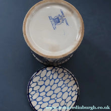 Load image into Gallery viewer, Highly Collectable 1930s Mailing Pottery Blue COBBLESTONE Lidded Spice Jar: PEPPER
