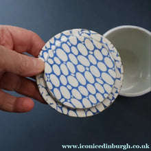 Load image into Gallery viewer, Highly Collectable 1930s Mailing Pottery Blue COBBLESTONE Lidded Spice Jar: PEPPER
