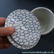Load image into Gallery viewer, Highly Collectable 1930s Mailing Pottery Blue COBBLESTONE Lidded Storage Canister: LENTILS
