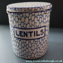 Load image into Gallery viewer, Highly Collectable 1930s Mailing Pottery Blue COBBLESTONE Lidded Storage Canister: LENTILS
