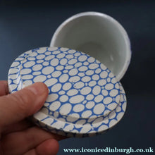 Load image into Gallery viewer, Highly Collectable 1930s Mailing Pottery Blue COBBLESTONE Lidded Storage Canister: LENTILS
