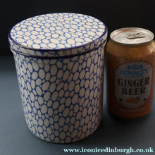 Load image into Gallery viewer, Highly Collectable 1930s Mailing Pottery Blue COBBLESTONE Lidded Storage Canister: LENTILS
