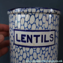 Load image into Gallery viewer, Highly Collectable 1930s Mailing Pottery Blue COBBLESTONE Lidded Storage Canister: LENTILS
