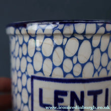 Load image into Gallery viewer, Highly Collectable 1930s Mailing Pottery Blue COBBLESTONE Lidded Storage Canister: LENTILS
