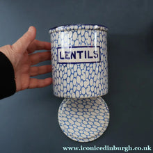 Load image into Gallery viewer, Highly Collectable 1930s Mailing Pottery Blue COBBLESTONE Lidded Storage Canister: LENTILS
