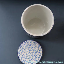 Load image into Gallery viewer, Highly Collectable 1930s Mailing Pottery Blue COBBLESTONE Lidded Storage Canister: LENTILS
